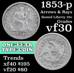 1853-p Arrows & Rays Seated Liberty Quarter 25c Grades vf++