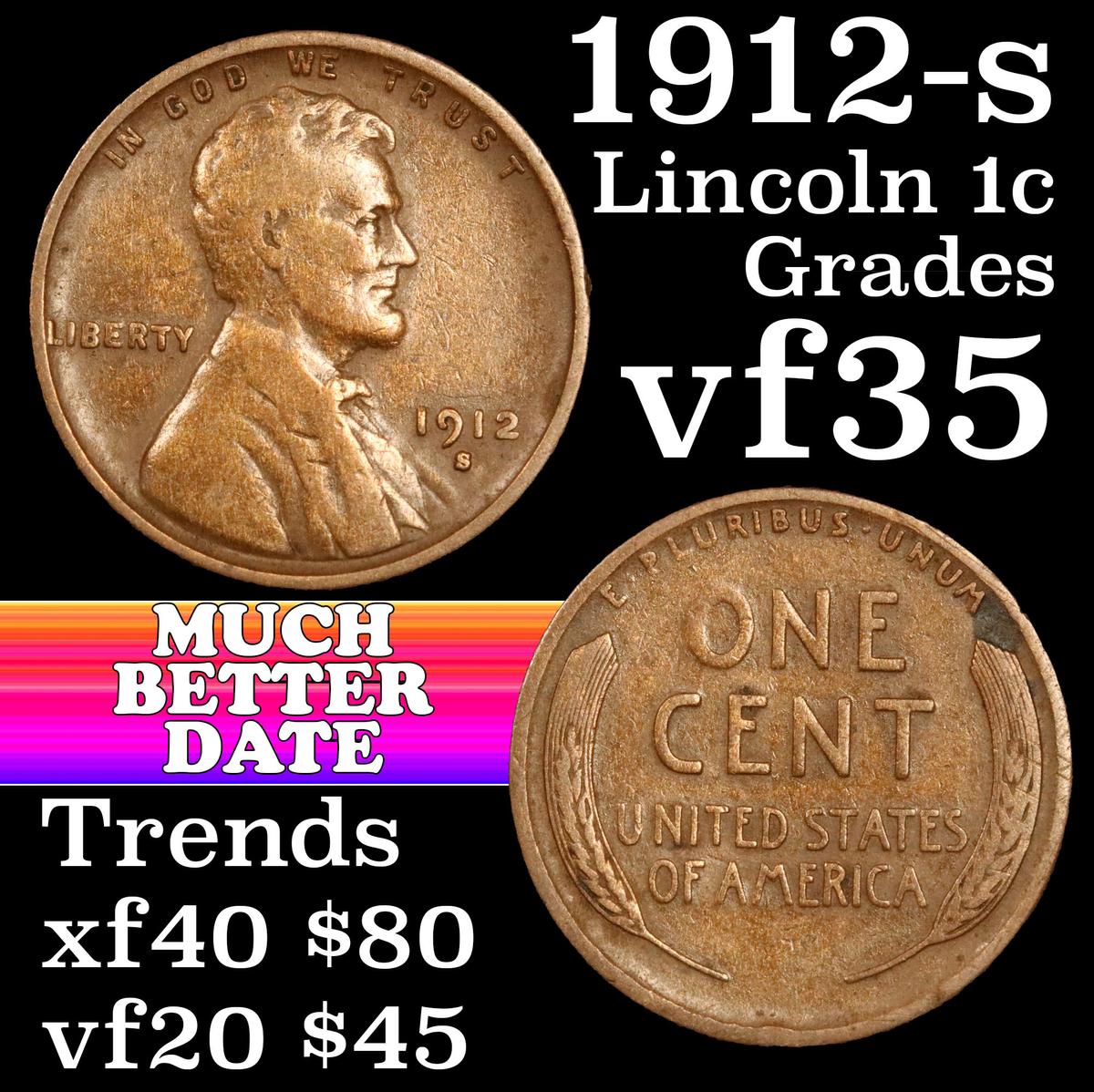 1912-s Lincoln Cent 1c Grades vf++