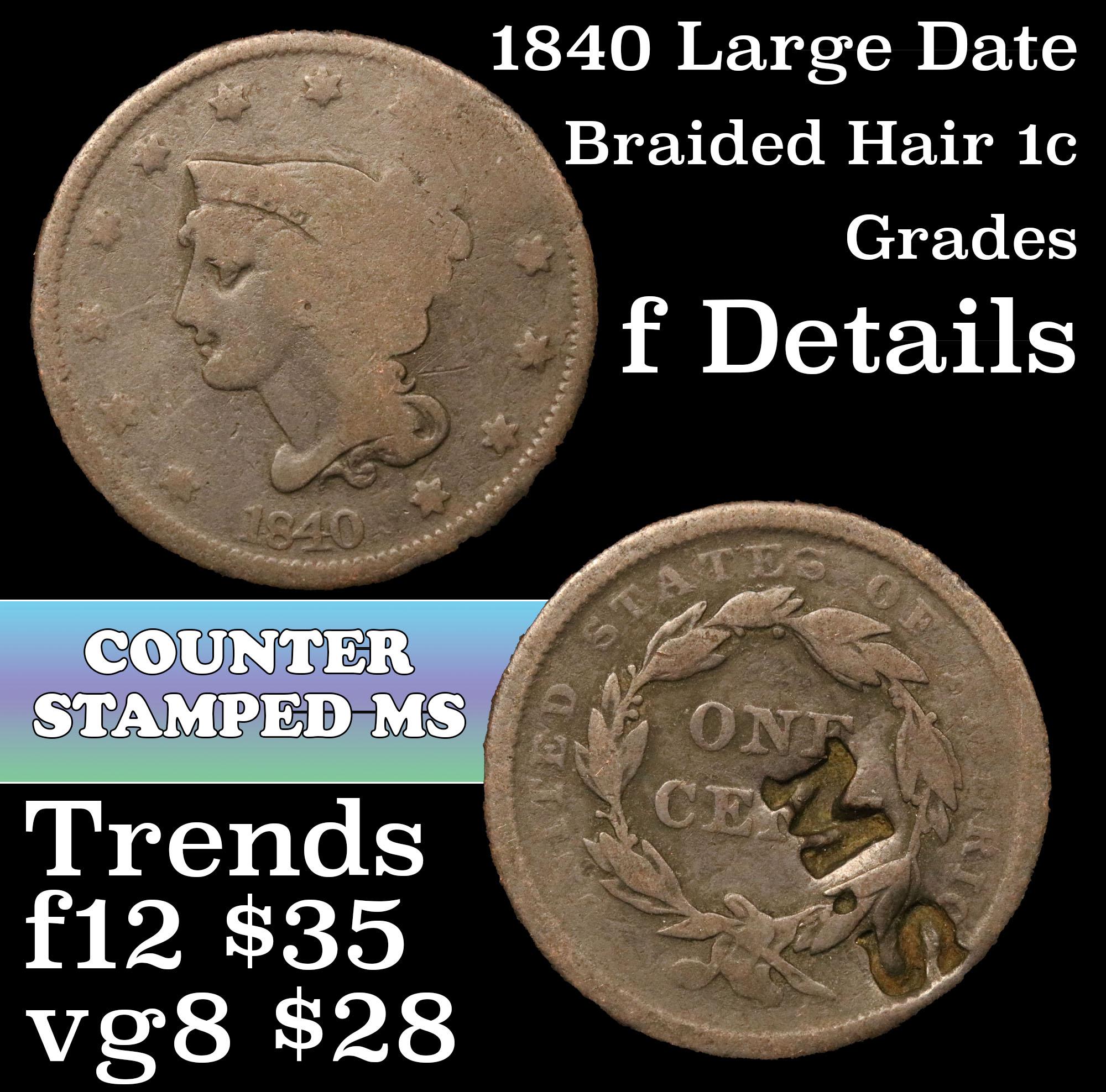 1840 Large Date Braided Hair Large Cent 1c Grades f details