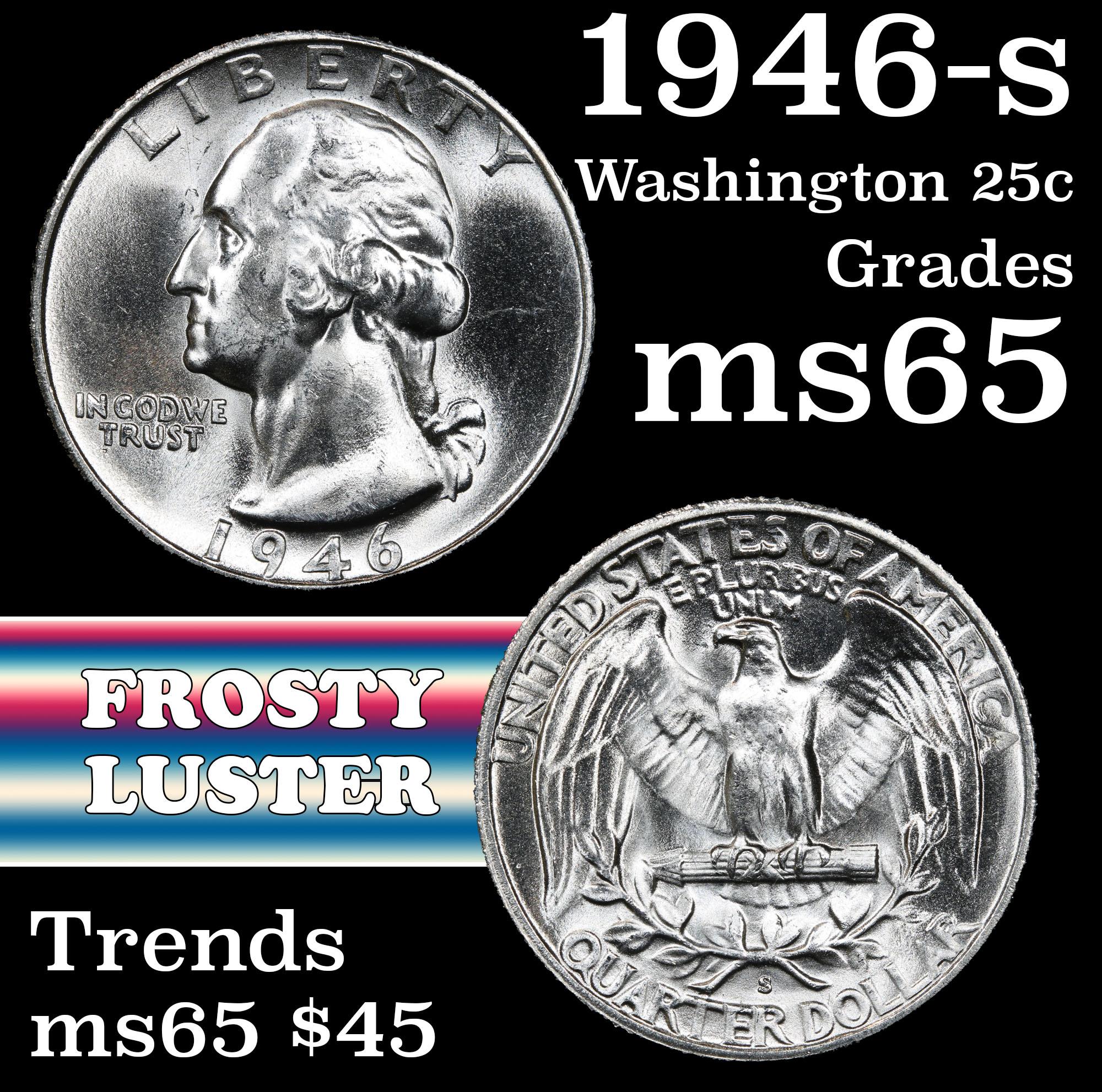 1946-s Washington Quarter 25c Grades GEM Unc