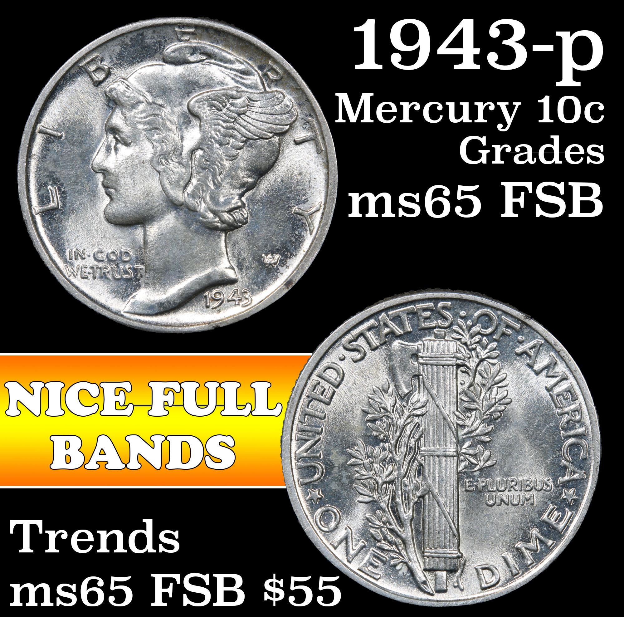 1943-p Mercury Dime 10c Grades GEM FSB