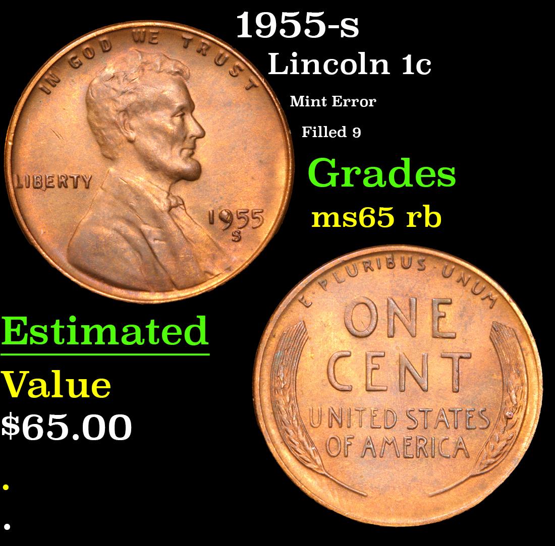 1955-s Mint Error Filled 9 Lincoln Cent 1c Grades GEM Unc RB