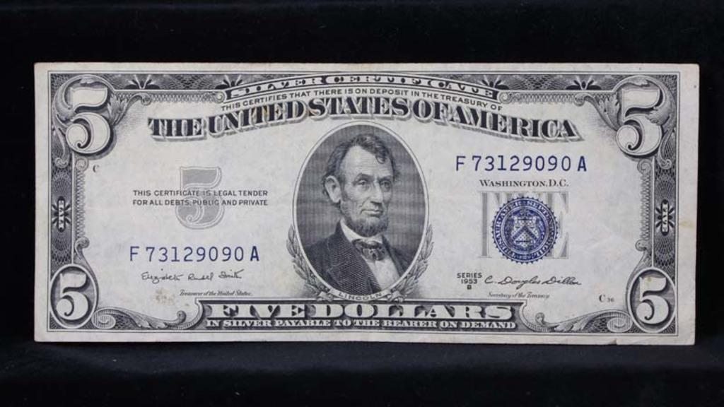 1953B $5 Blue Seal Silver certificate Grades xf details