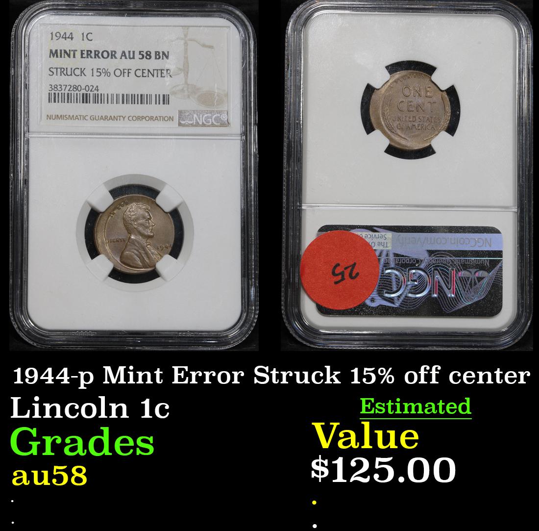 NGC 1944-p Mint Error Struck 15% off center . . Lincoln Cent 1c Graded au58 by NGC