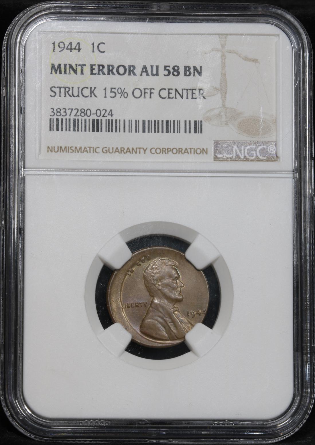 NGC 1944-p Mint Error Struck 15% off center . . Lincoln Cent 1c Graded au58 by NGC