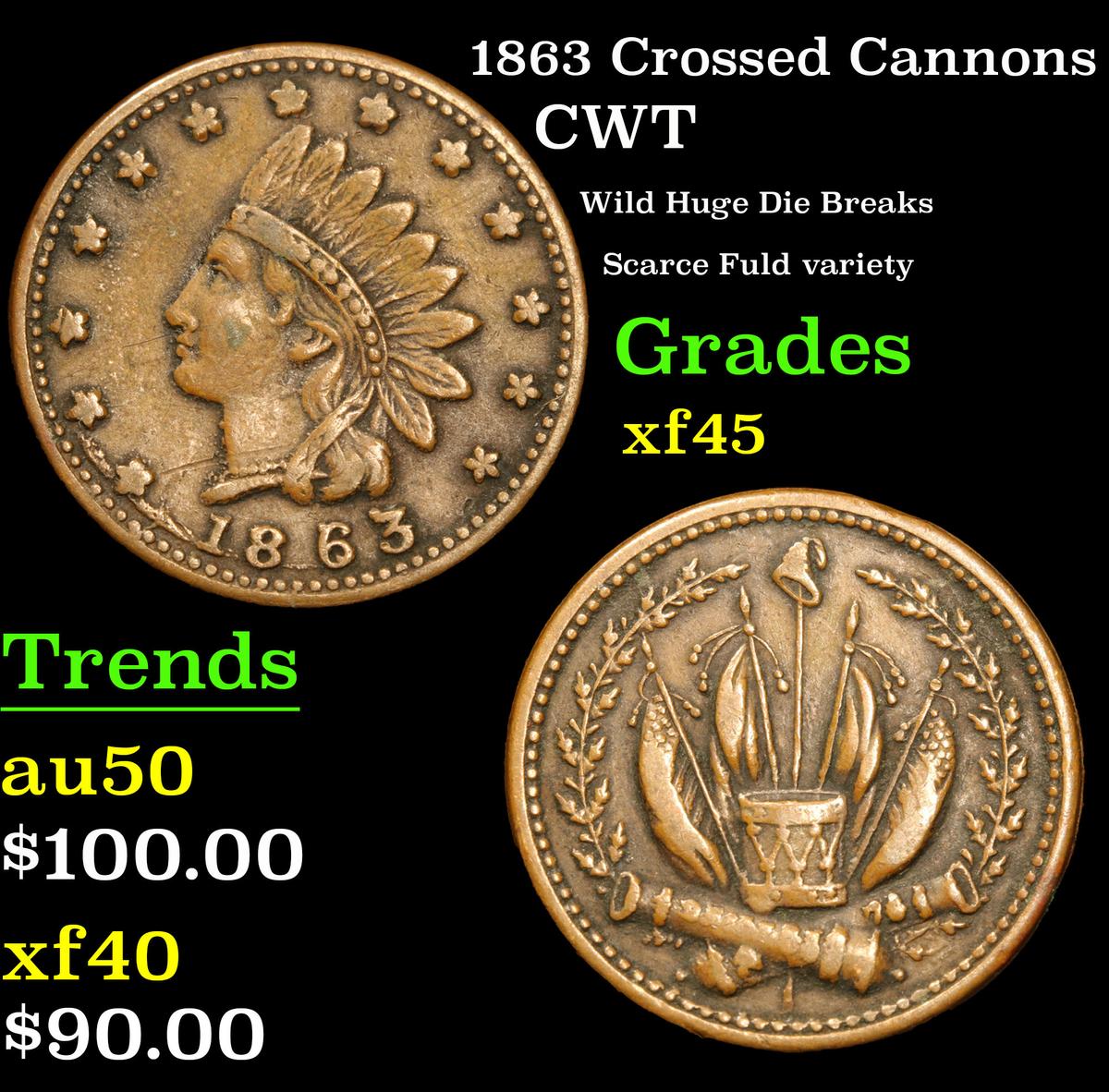 1863 Crossed Cannons Wild Huge Die Breaks Scarce Fuld variety Civil War Token 1c Grades xf+