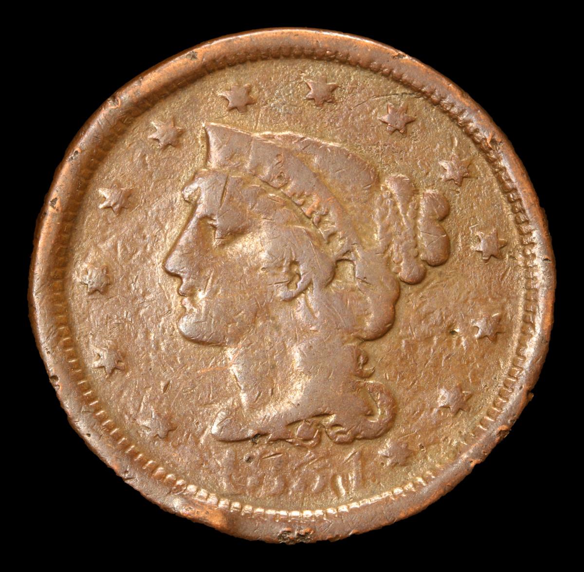 1851 . . Braided Hair Large Cent 1c Grades vf details