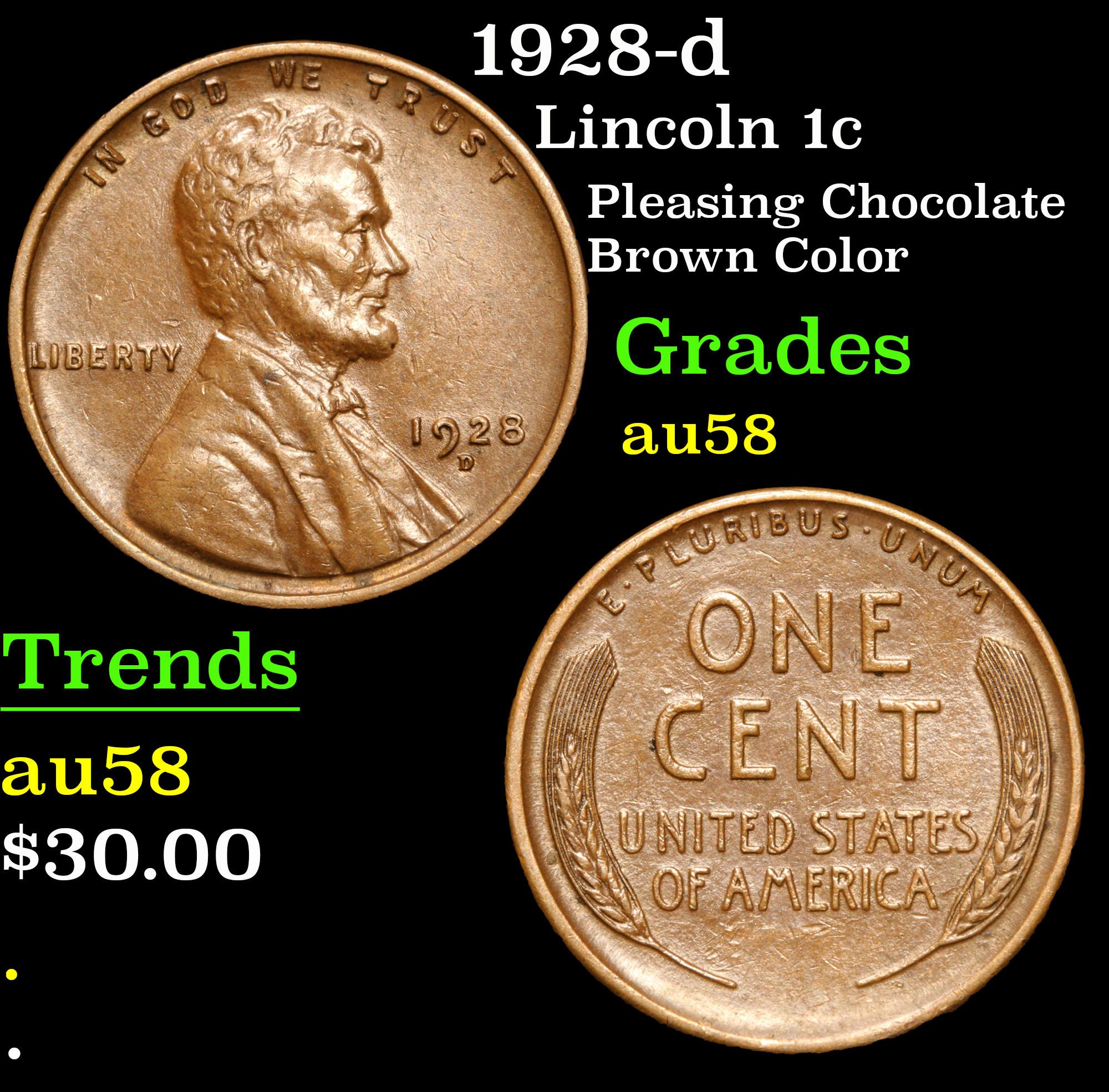 1928-d Pleasing Chocolate Brown Color . Lincoln Cent 1c Grades Choice AU/BU Slider