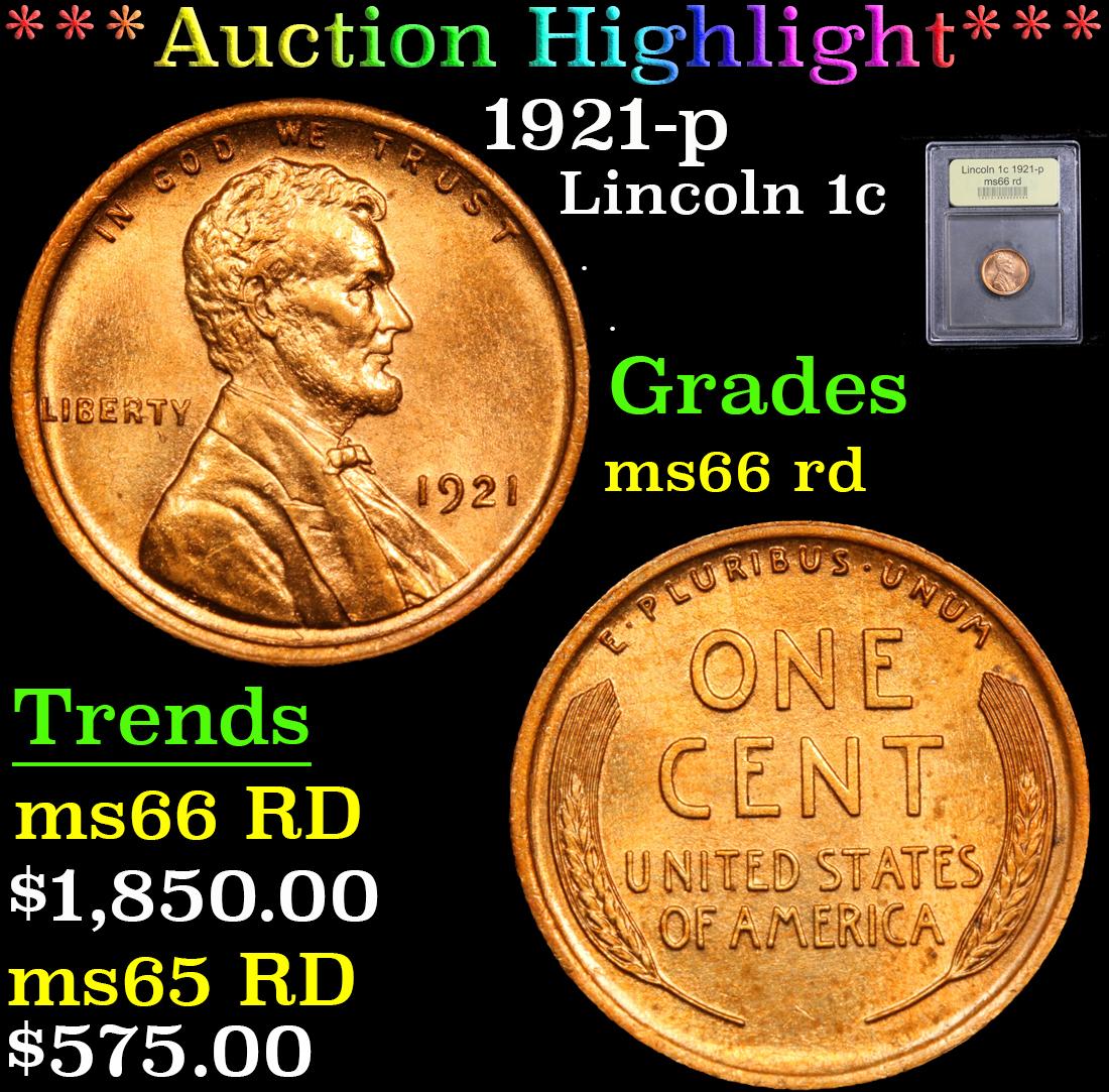 ***Auction Highlight*** 1921-p . . Lincoln Cent 1c Graded GEM+ Unc RD By USCG (fc)