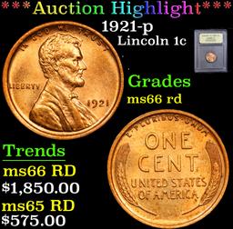 ***Auction Highlight*** 1921-p . . Lincoln Cent 1c Graded GEM+ Unc RD By USCG (fc)