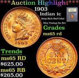 ***Auction Highlight*** 1903 Deep Rich Red Color Nice Toning On Rev Indian Cent 1c Graded GEM Unc RD