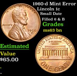 1960-d Mint Error Small Date Filled 6 & B Lincoln Cent 1c Grades Select Unc BN