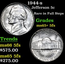 1944-s Rare in Full Steps . Jefferson Nickel 5c Grades GEM+ 5fs