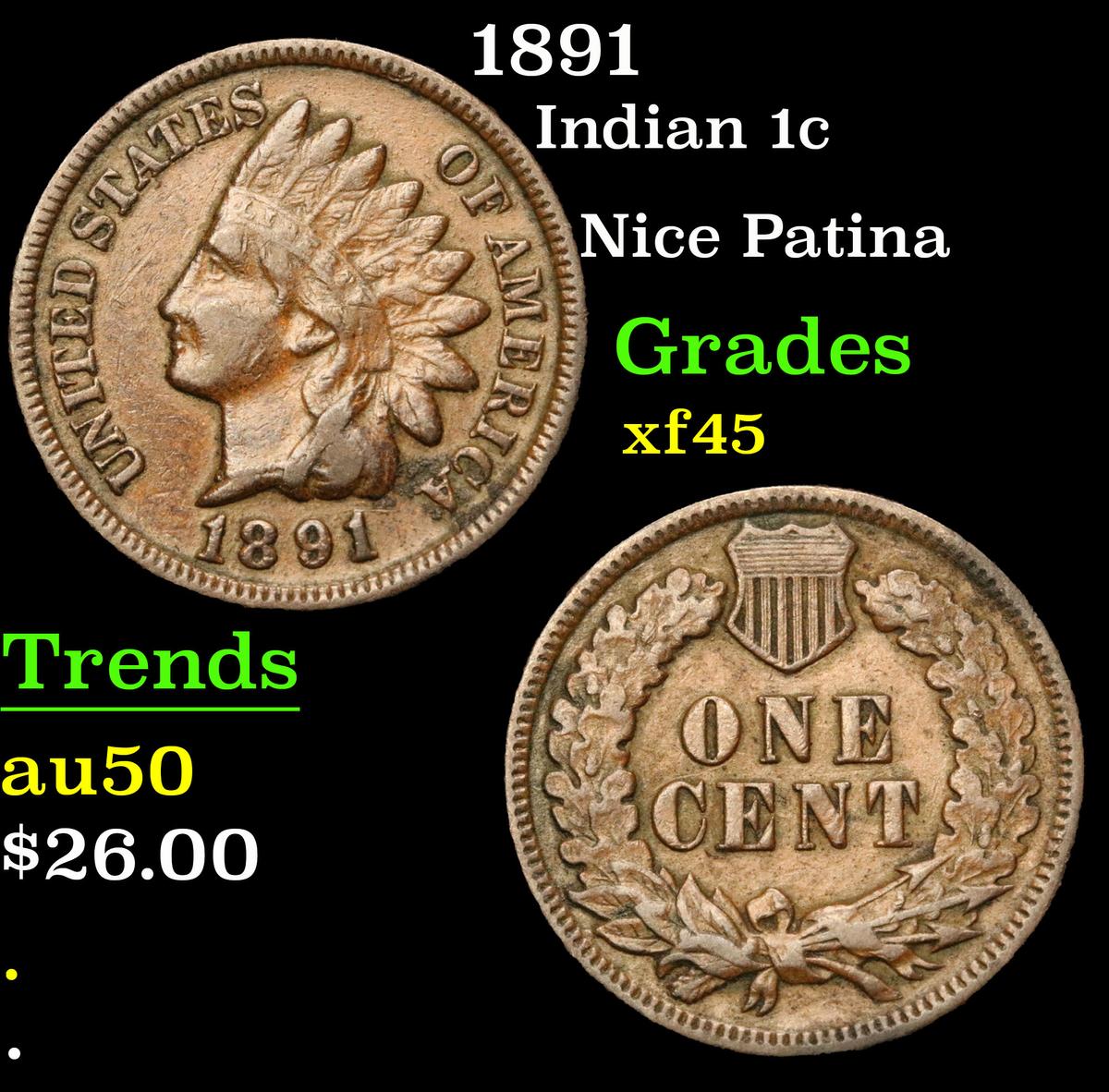 1891 Indian Cent 1c Grades xf+