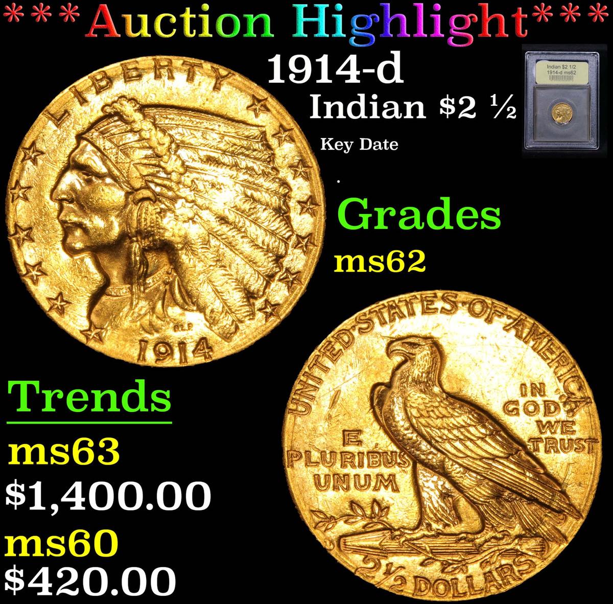 ***Auction Highlight*** 1914-d . Gold Indian Quarter Eagle $2 1/2 Graded Select Unc By USCG (fc)