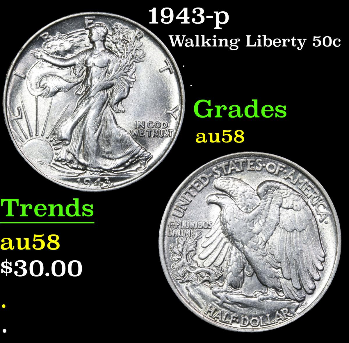 1943-p Walking Liberty Half Dollar 50c Grades Choice AU/BU Slider