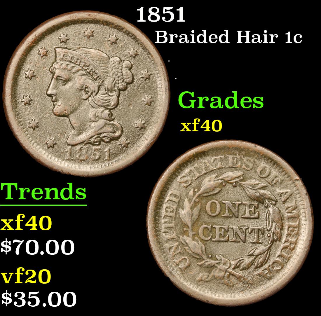 1851 Braided Hair Large Cent 1c Grades xf