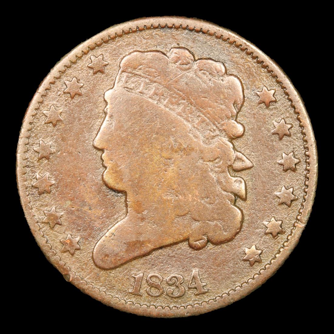 1834 Classic Head half cent 1/2c Grades f, fine