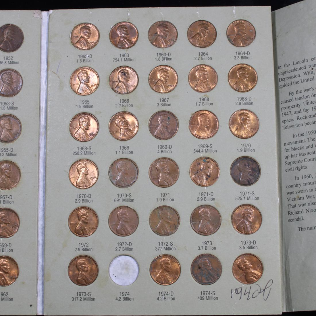 Partial Lincoln cent book 1937-1974, 87 coins . .