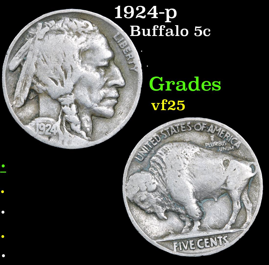 1924-p Buffalo Nickel 5c Grades vf+