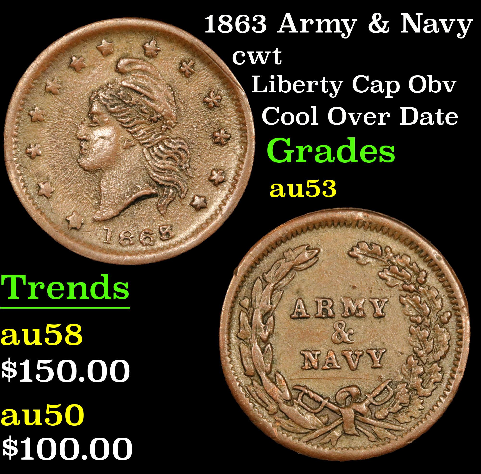 1863 Army & Navy Civil War Token 1c Grades Select AU