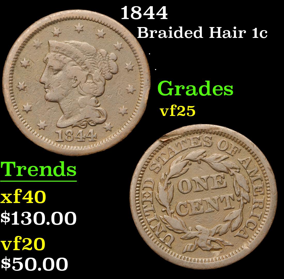 1844 Braided Hair Large Cent 1c Grades vf+