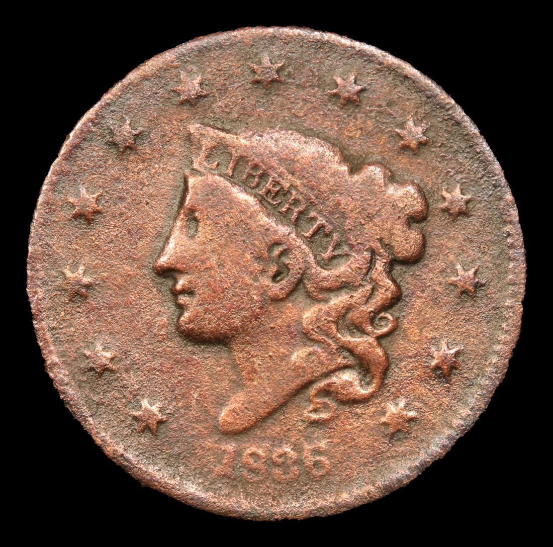 1836 Coronet Head Large Cent 1c Grades vf+