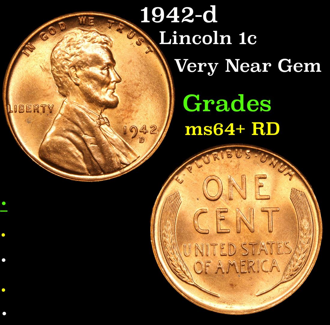 1942-d Lincoln Cent 1c Grades Choice+ Unc RD