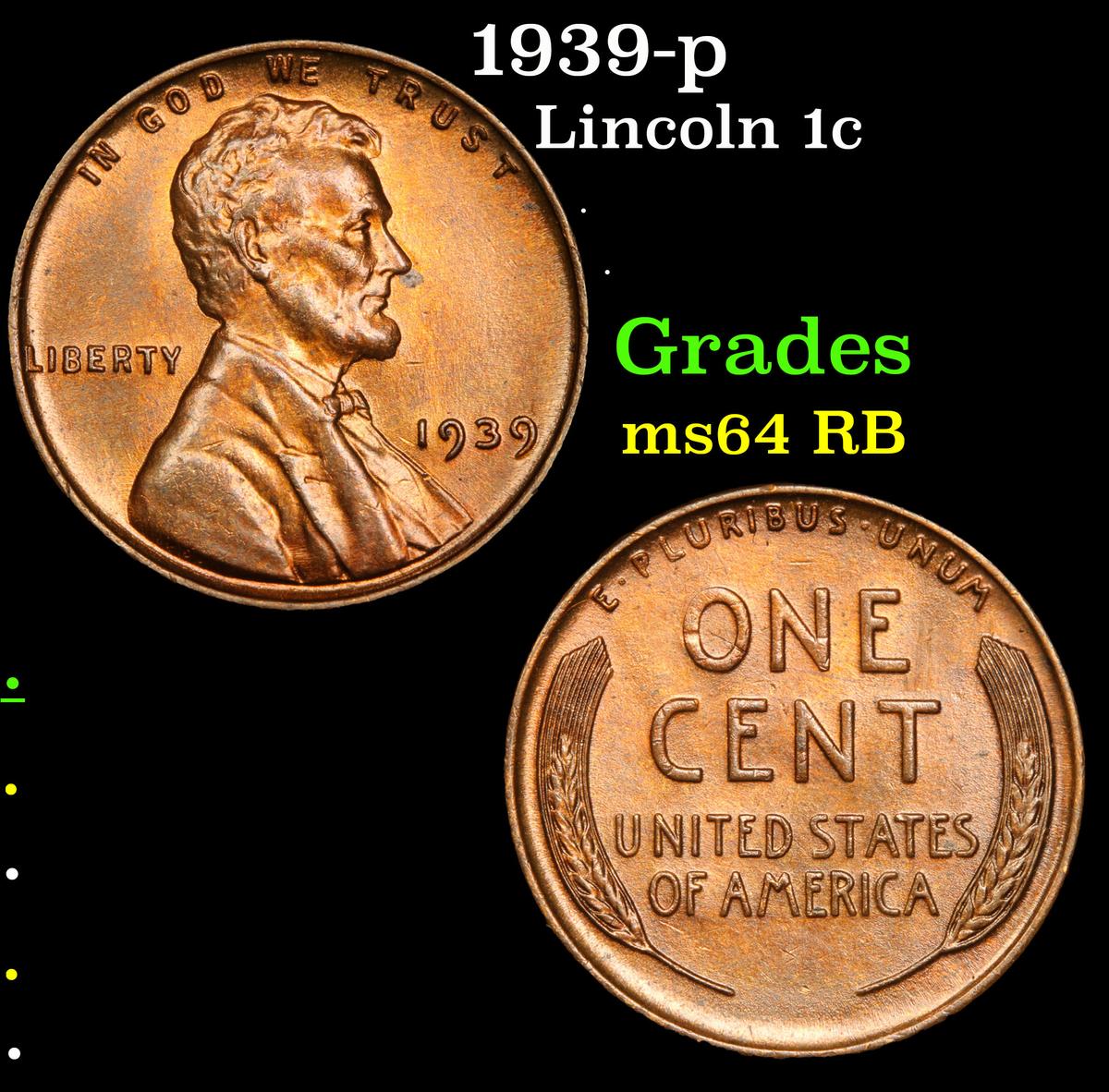 1939-p Lincoln Cent 1c Grades Choice Unc RB