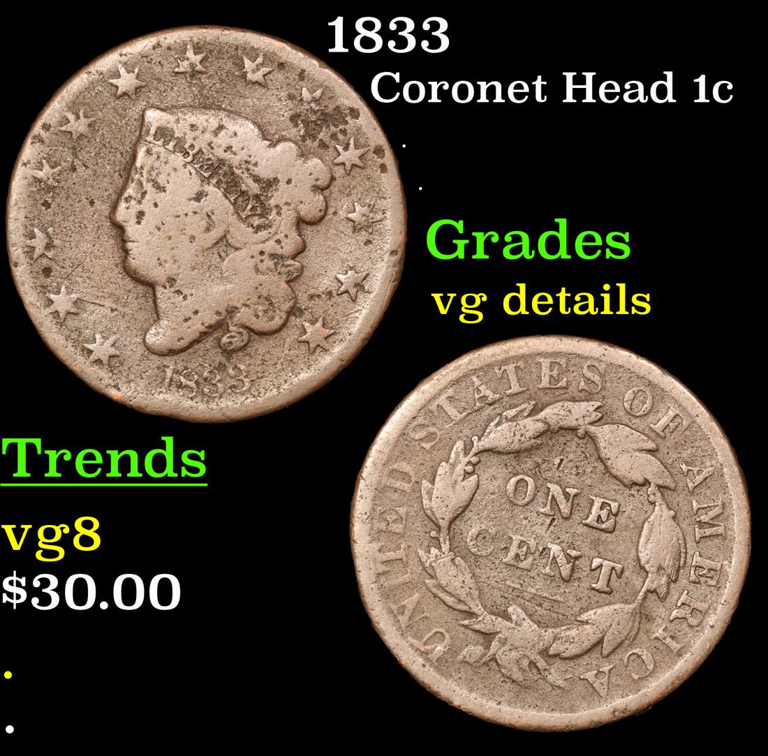 1833 Coronet Head Large Cent 1c Grades vg details