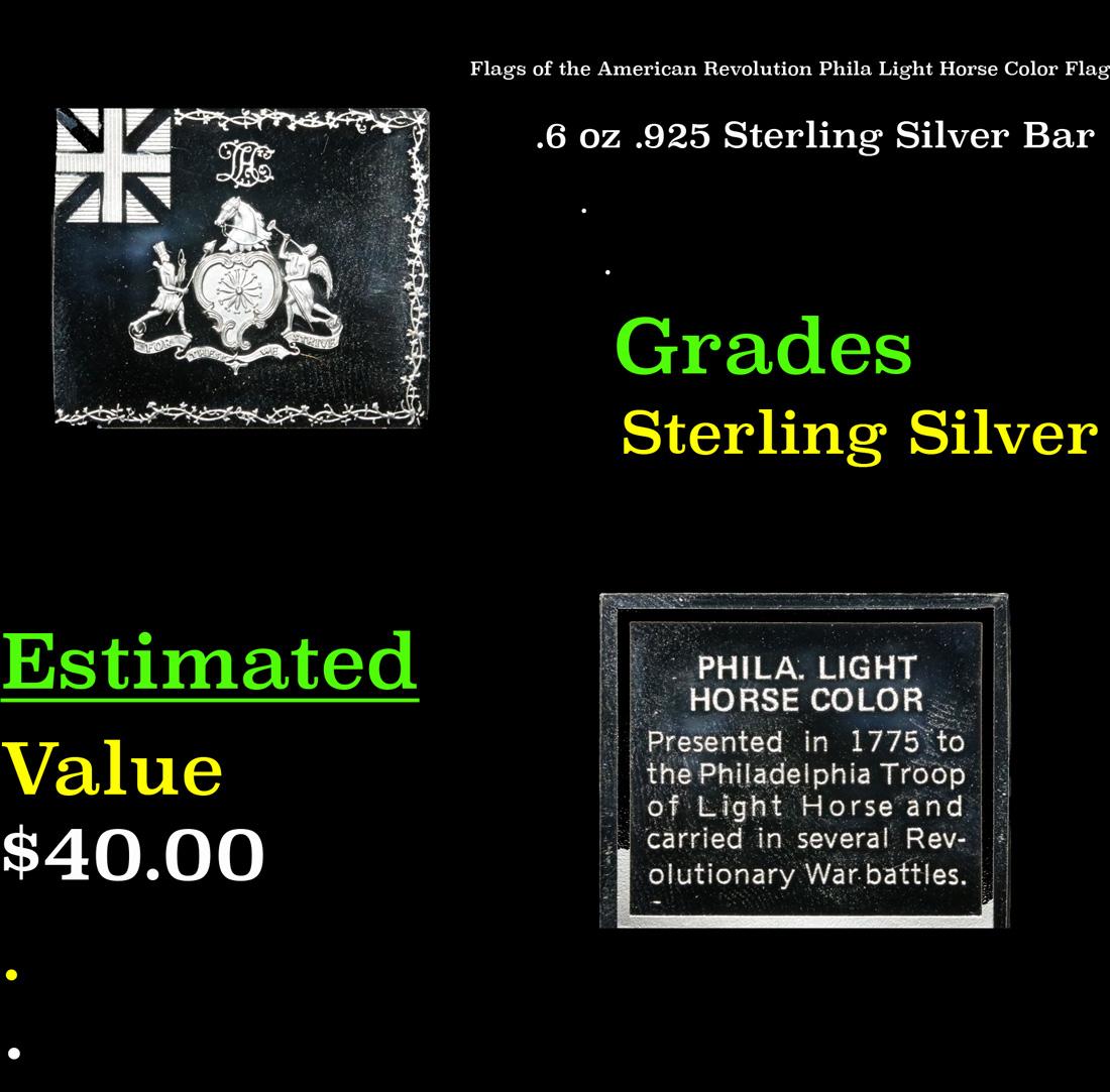 Flags of the American Revolution Phila Light Horse Color Flag .6 oz .925 Sterling Silver Bar Grades