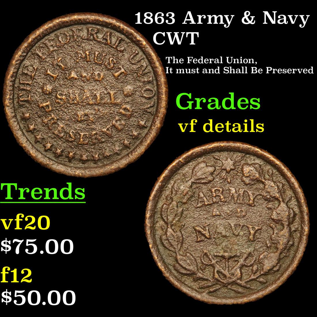 1863 Army & Navy Civil War Token 1c Grades vf details