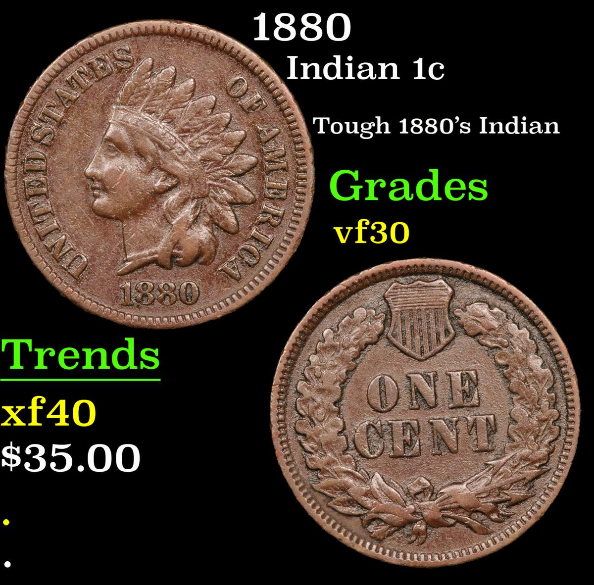 1880 Indian Cent 1c Grades vf++