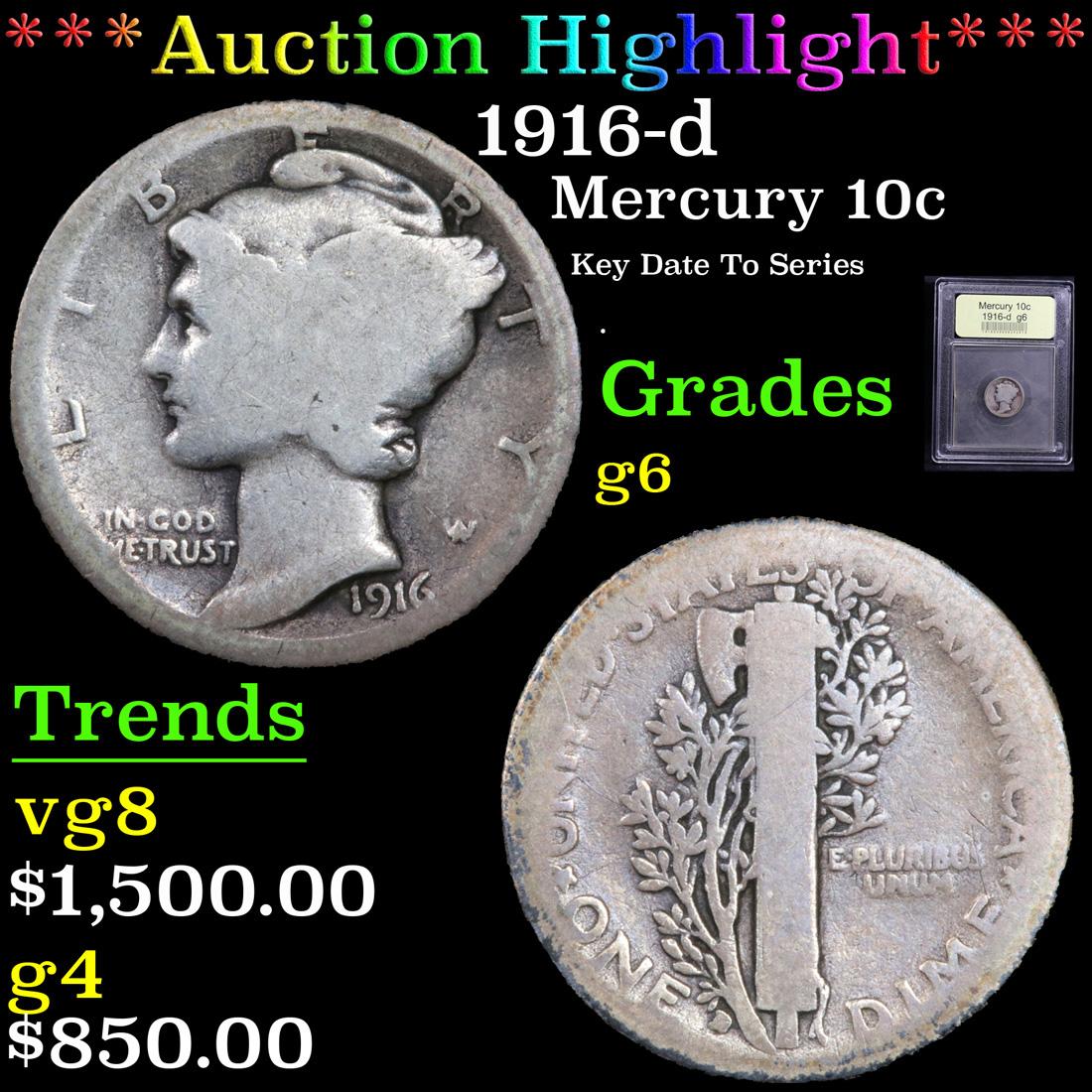 ***Auction Highlight*** 1916-d Mercury Dime 10c Graded g+ By USCG (fc)