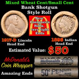 Mixed small cents 1c McDonald's wrapper shotgun roll, 1917-d Wheat Cent, 1895 Indian Cent other end