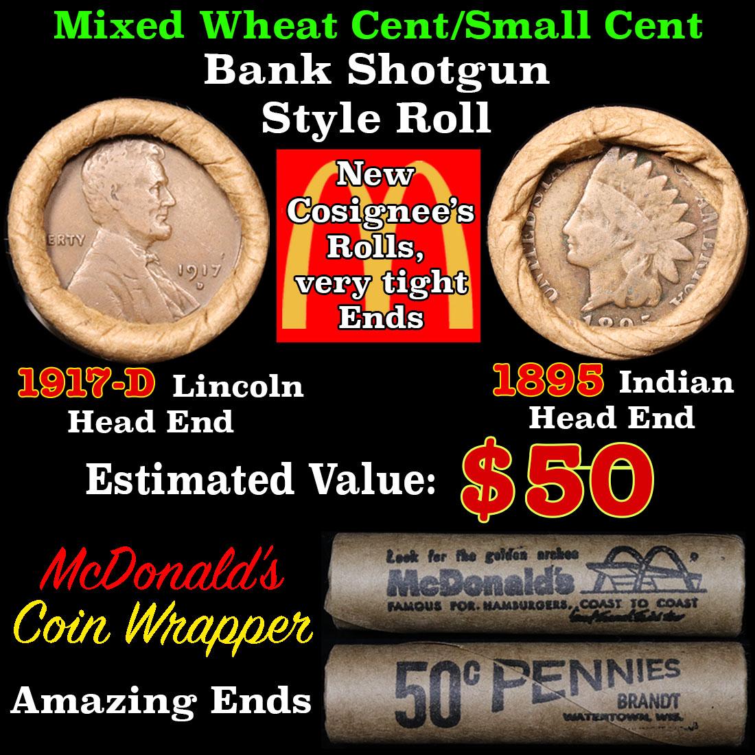 Mixed small cents 1c McDonald's wrapper shotgun roll, 1917-d Wheat Cent, 1895 Indian Cent other end