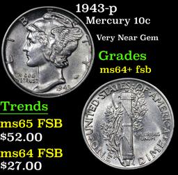 1943-p Mercury Dime 10c Grades Choice Unc+ FSB