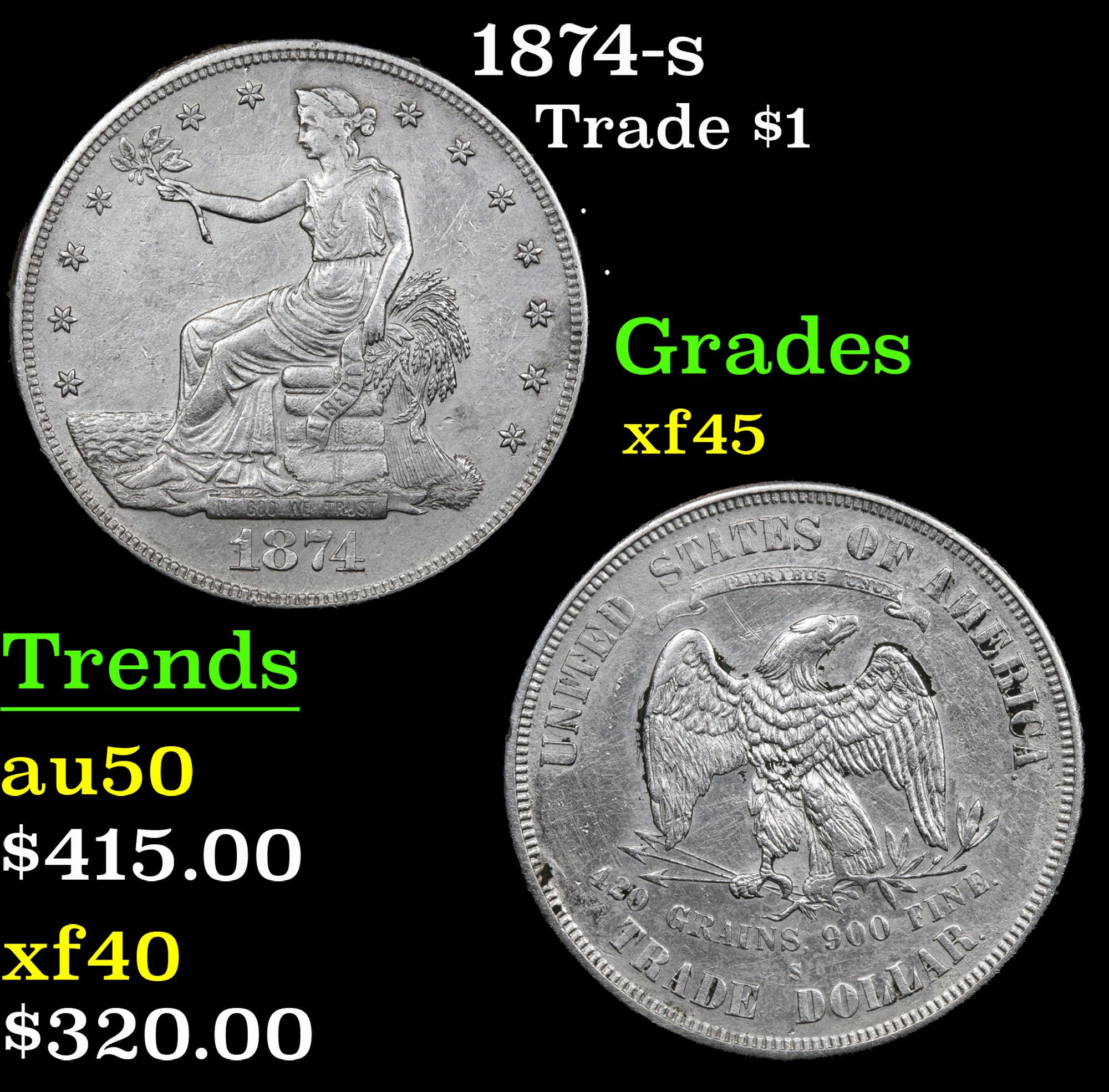 1874-s Trade Dollar $1 Grades xf+
