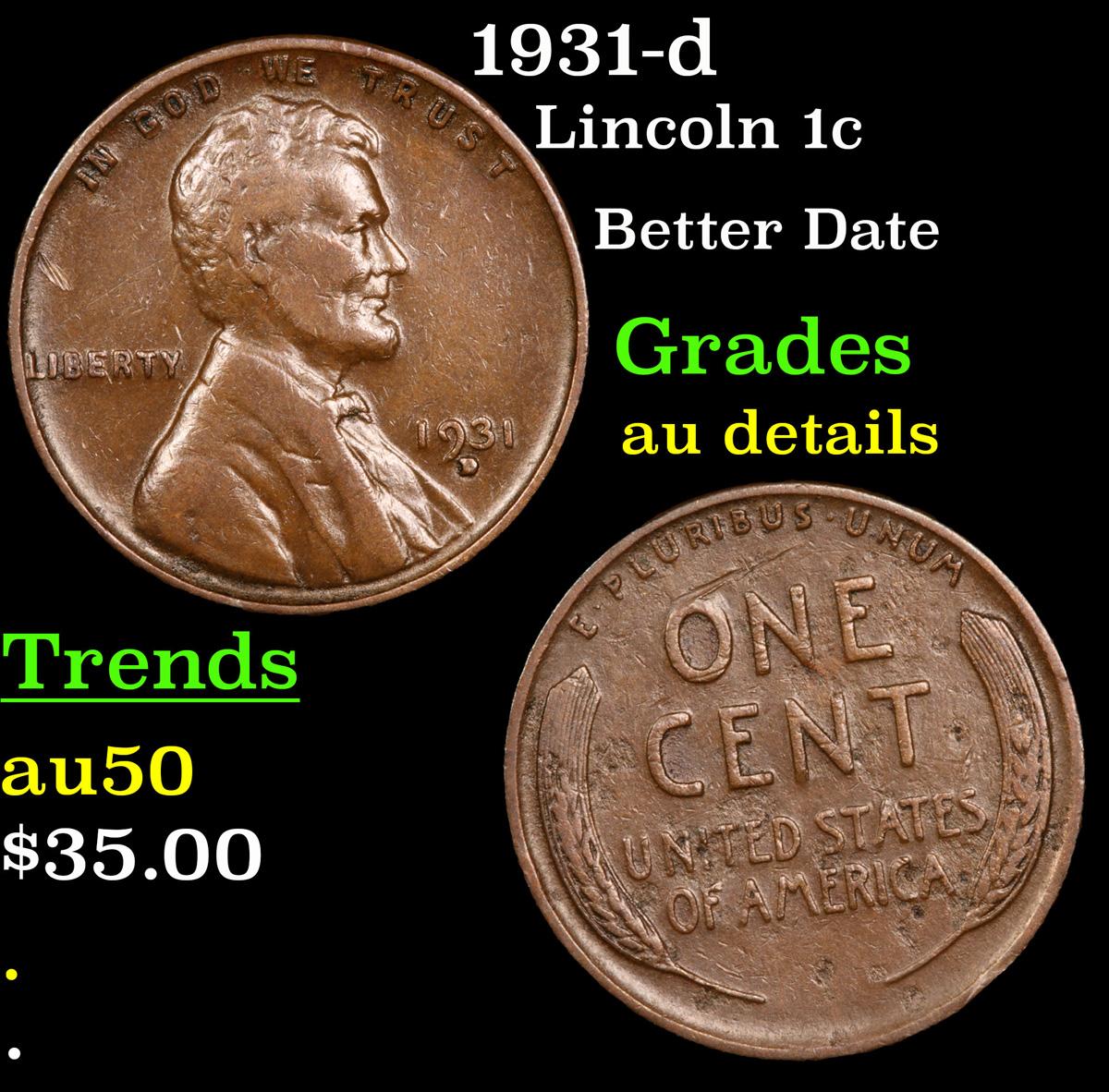 1931-d Lincoln Cent 1c Grades AU Details