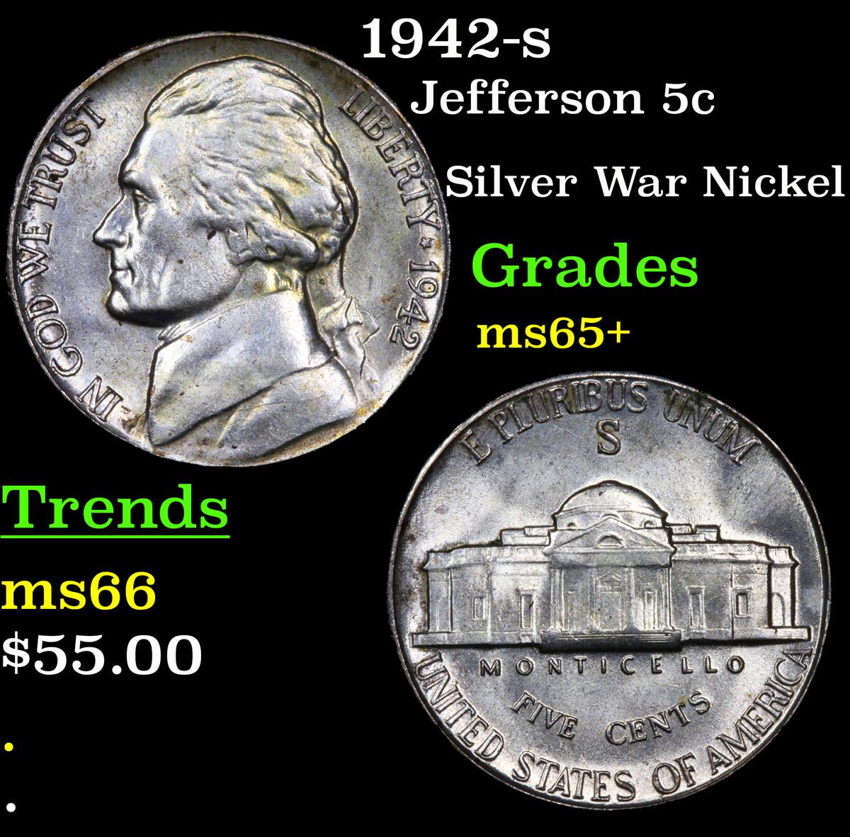 1942-s Jefferson Nickel 5c Grades GEM+ Unc