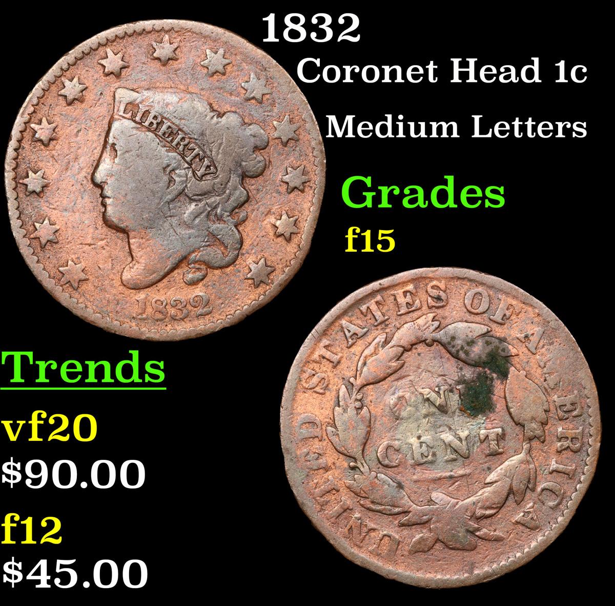 1832 Coronet Head Large Cent 1c Grades f+