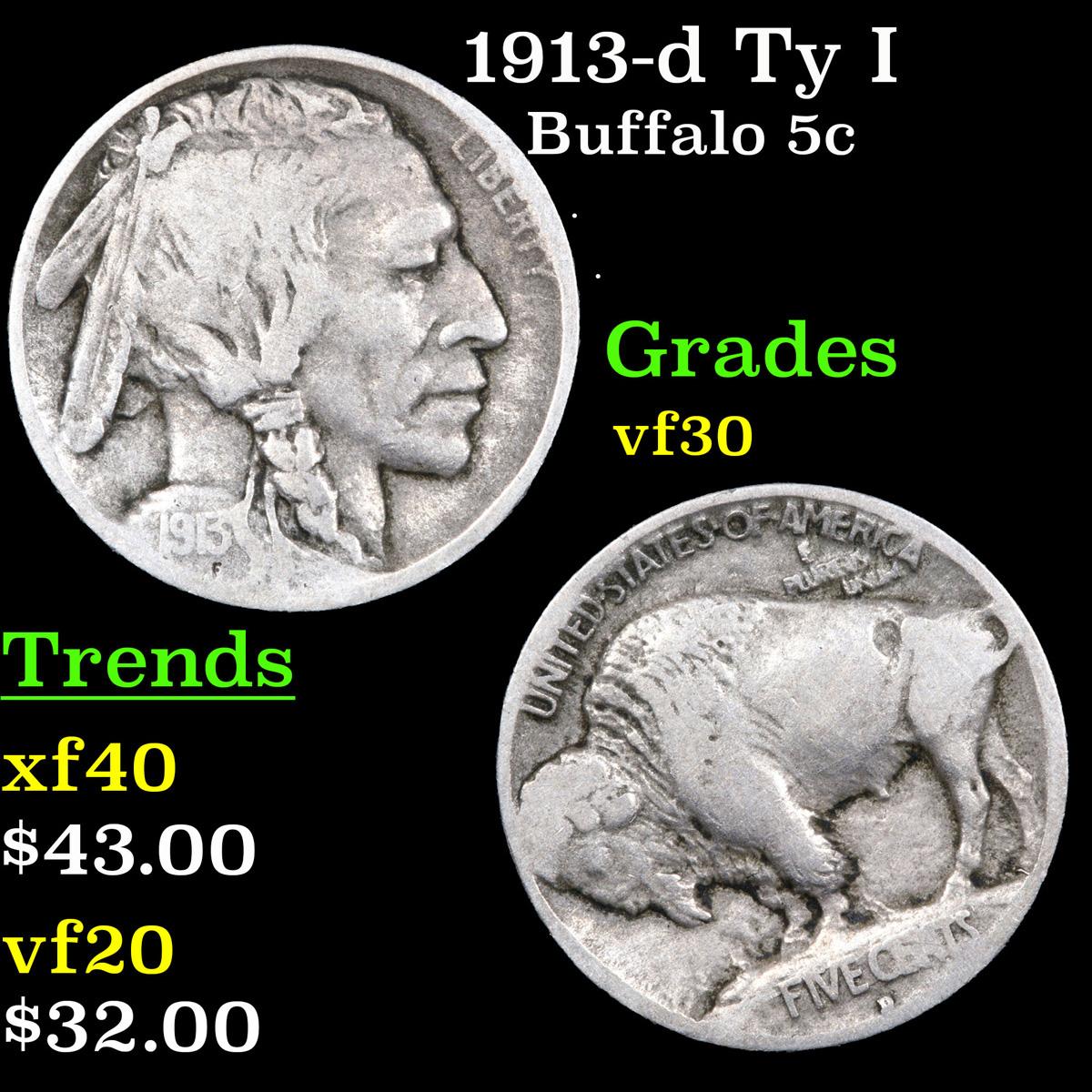 1913-d Ty I Buffalo Nickel 5c Grades vf++