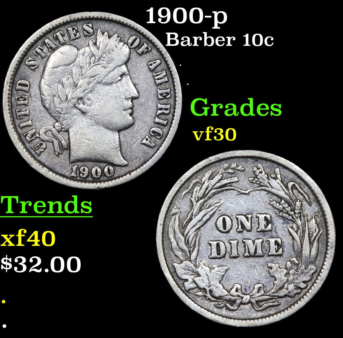 1900-p Barber Dime 10c Grades vf++