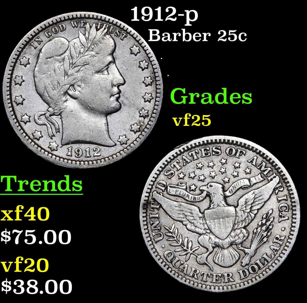 1912-p Barber Quarter 25c Grades vf+