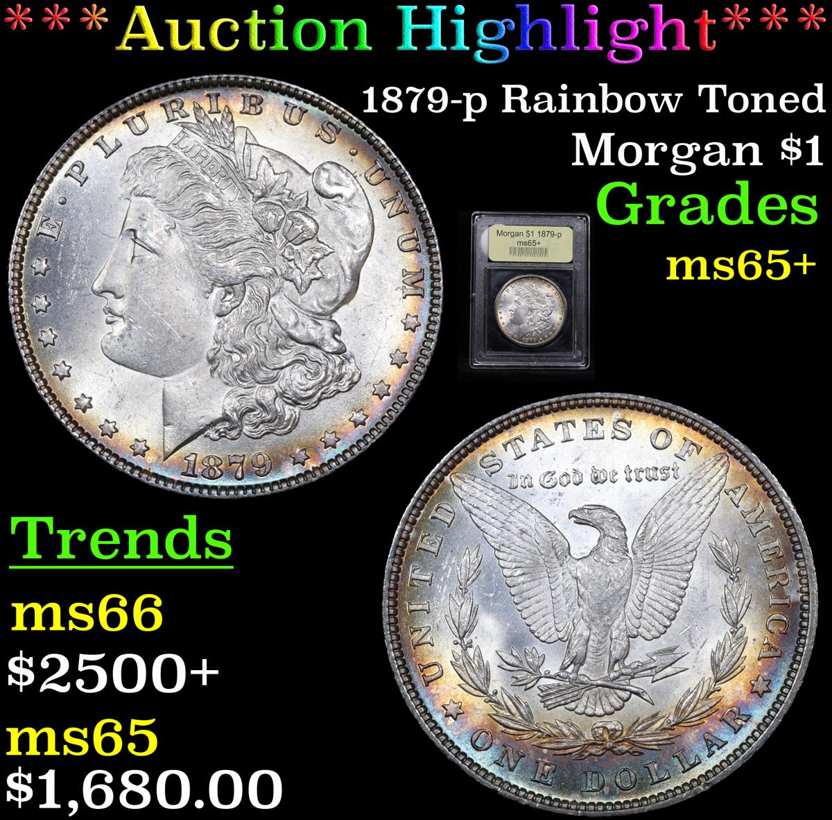 ***Auction Highlight*** 1879-p Rainbow Toned Morgan Dollar $1 Graded GEM+ Unc By USCG (fc)