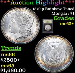 ***Auction Highlight*** 1879-p Rainbow Toned Morgan Dollar $1 Graded GEM+ Unc By USCG (fc)