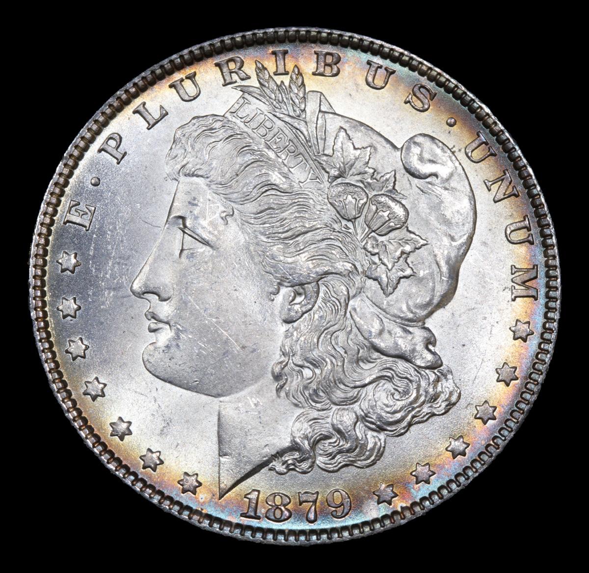 ***Auction Highlight*** 1879-p Rainbow Toned Morgan Dollar $1 Graded GEM+ Unc By USCG (fc)