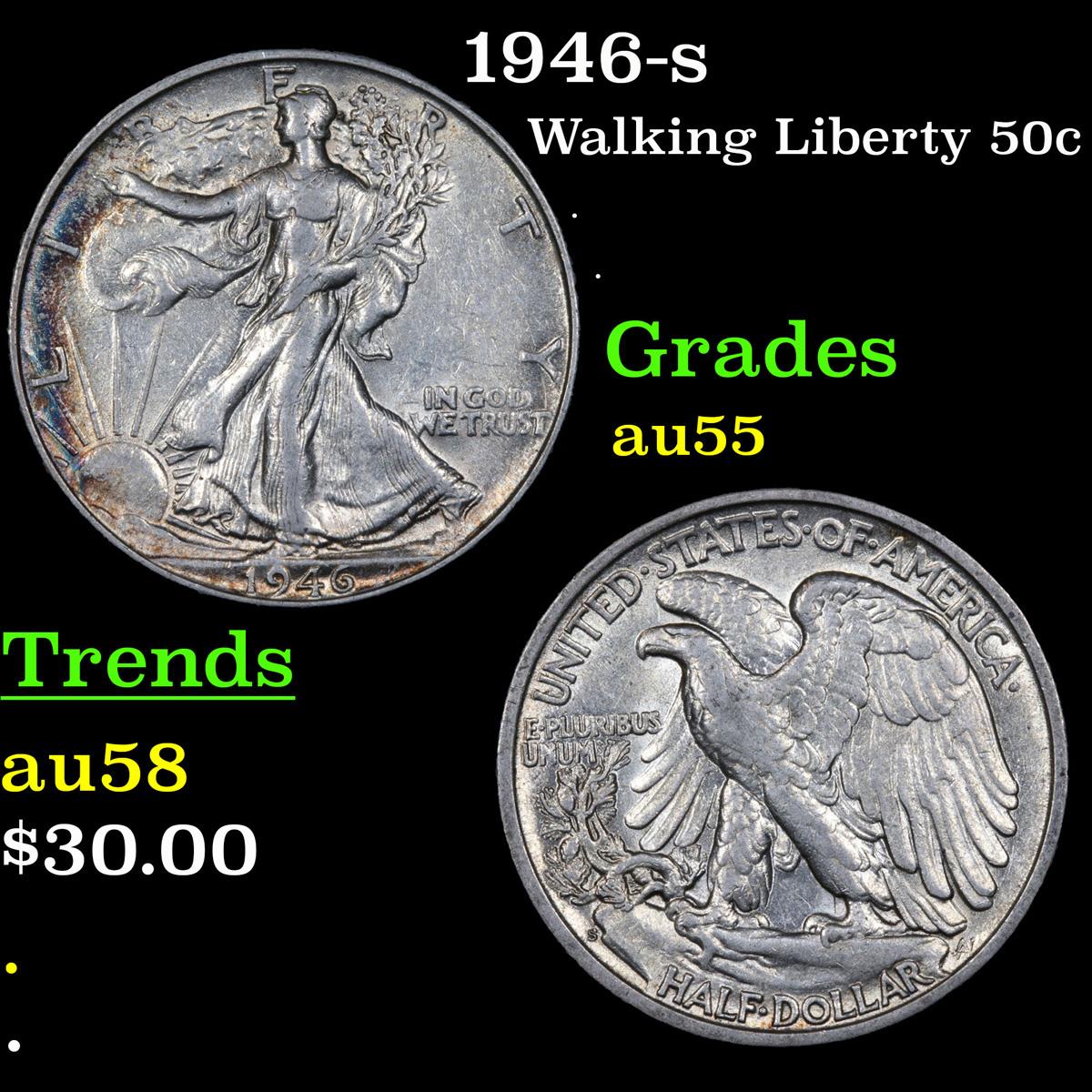 1946-s Walking Liberty Half Dollar 50c Grades Choice AU