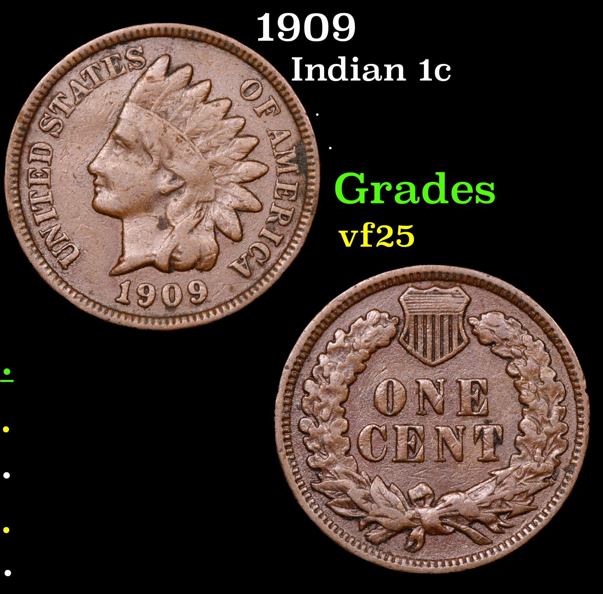 1909 Indian Cent 1c Grades vf+