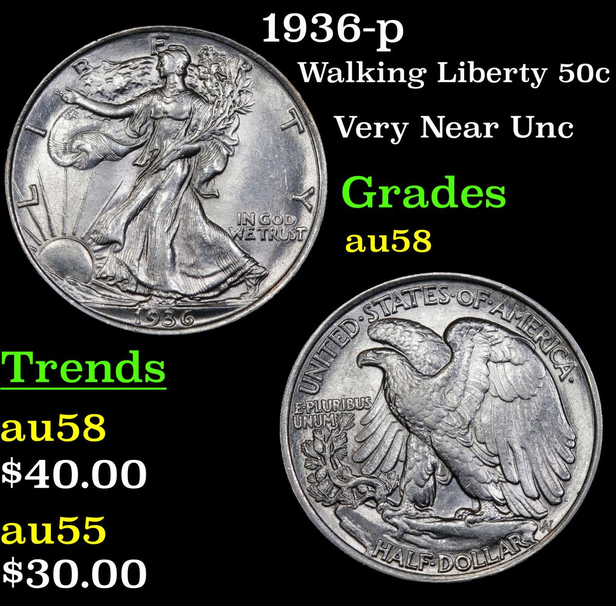 1936-p Walking Liberty Half Dollar 50c Grades Choice AU/BU Slider